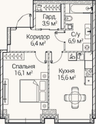 Планировка: 1-к, 49 м²