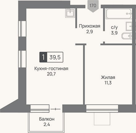 Планировка: 2-к, 38,8 м²