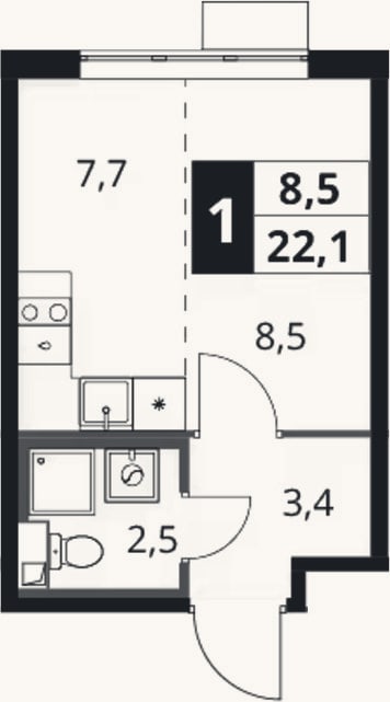 Планировка: Студия, 22,1 м²
