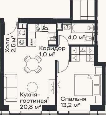 Планировка: 2-к, 41,5 м²