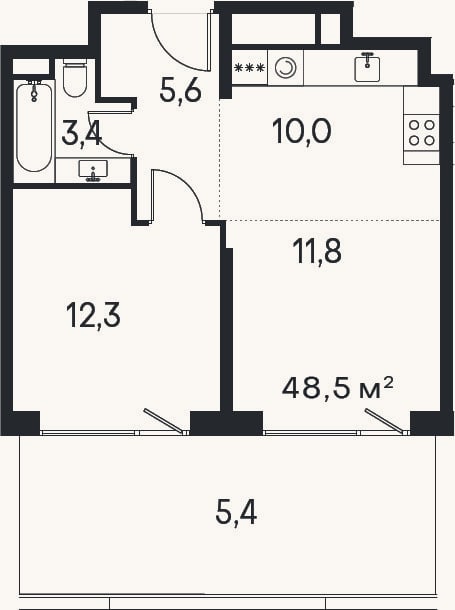 Планировка: 2-к, 43,1 м²