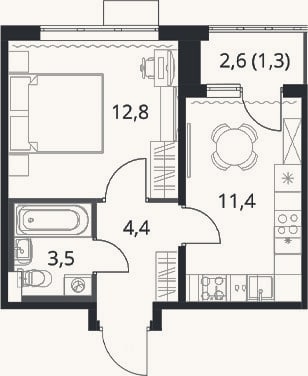 Планировка: 1-к, 32,1 м²