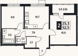 Планировка: 2-к, 51,8 м²