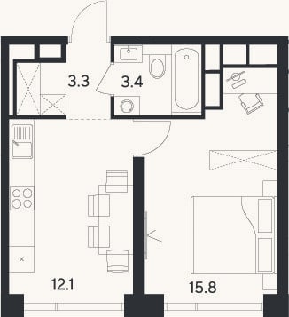 Планировка: 1-к, 34,6 м²