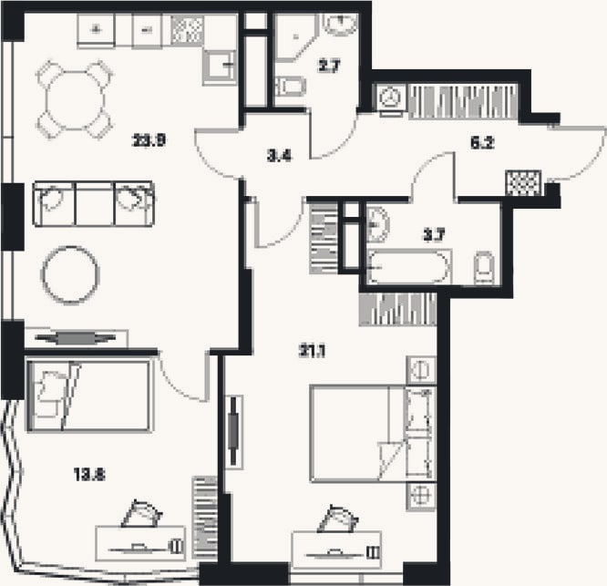 Планировка: 3-к, 74,8 м²