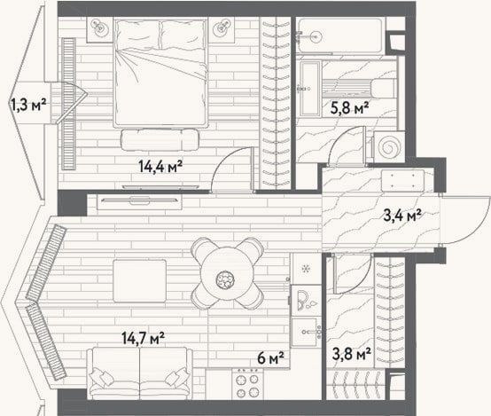 Планировка: 2-к, 48,1 м²