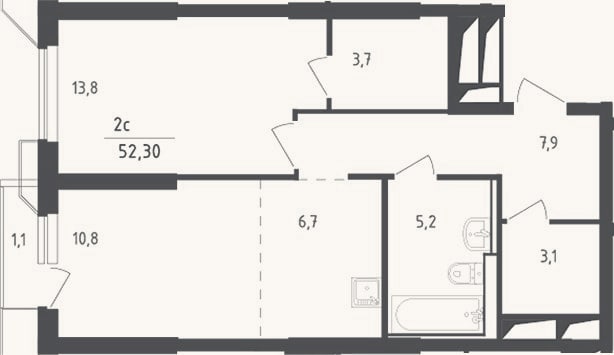 Планировка: 2-к, 51,2 м²