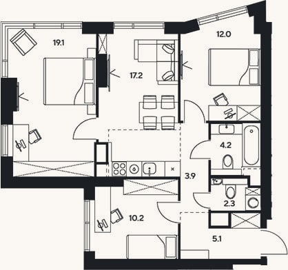 Планировка: 4+ к, 74 м²