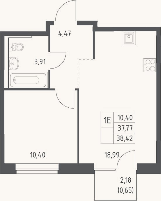 Планировка: 2-к, 37,8 м²