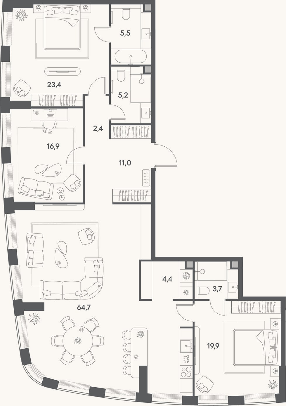 Планировка: 4+ к, 157,1 м²