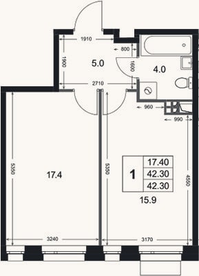 Планировка: 1-к, 42,3 м²