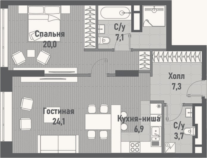 Планировка: 2-к, 69,1 м²