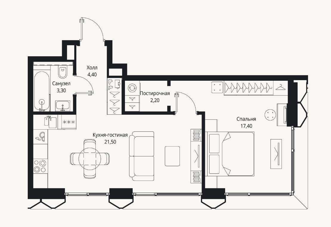 Планировка: 2-к, 48,8 м²