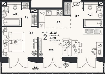 Планировка: 2-к, 47,1 м²