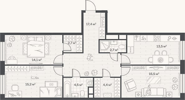 Планировка: 3-к, 90 м²