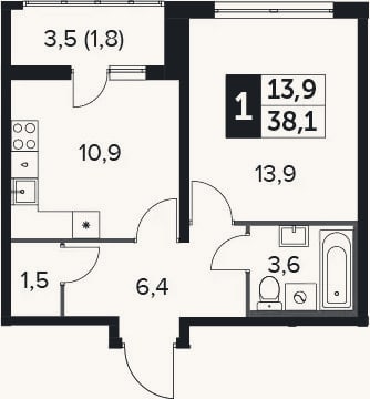 Планировка: 1-к, 36,3 м²