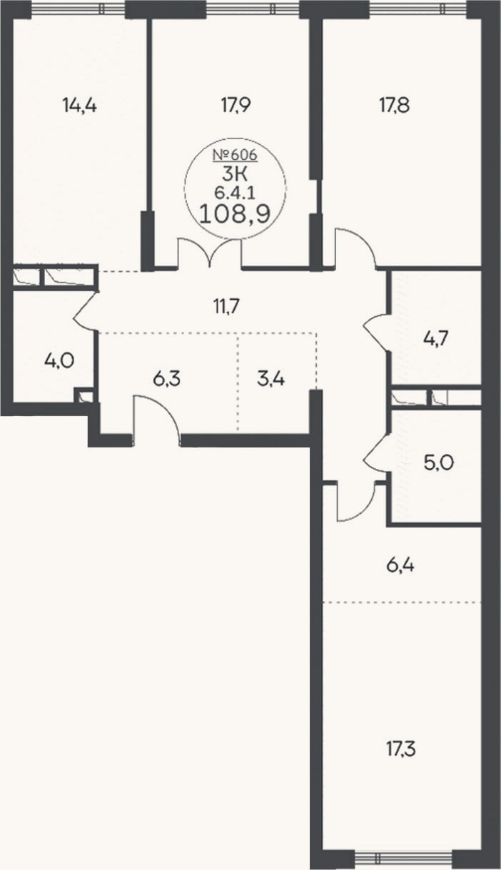 Планировка: 3-к, 108,9 м²