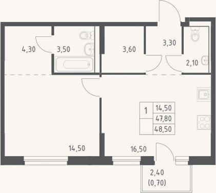 Планировка: 2-к, 47,8 м²