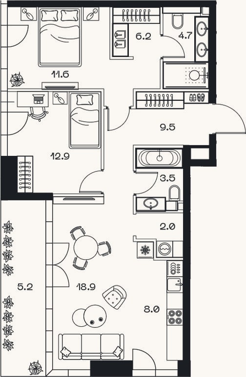 Планировка: 3-к, 77,3 м²