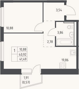 Планировка: 2-к, 40,9 м²