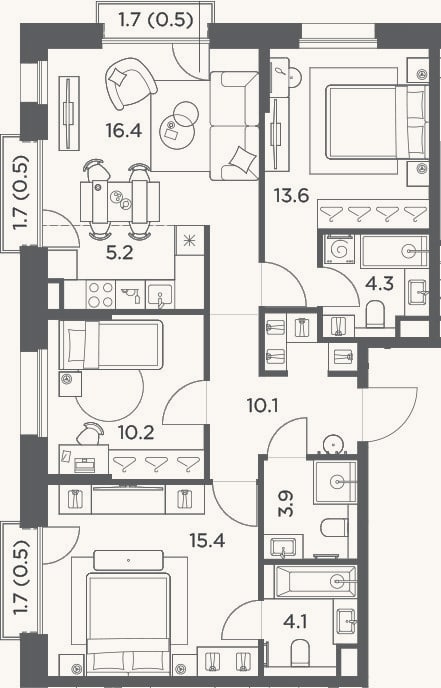Планировка: 4+ к, 83,2 м²