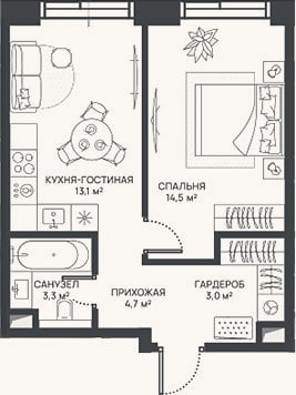 Планировка: 2-к, 38,6 м²