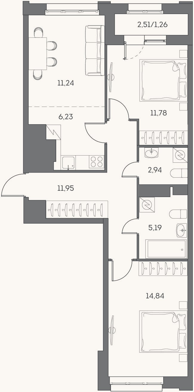 Планировка: 3-к, 64,2 м²