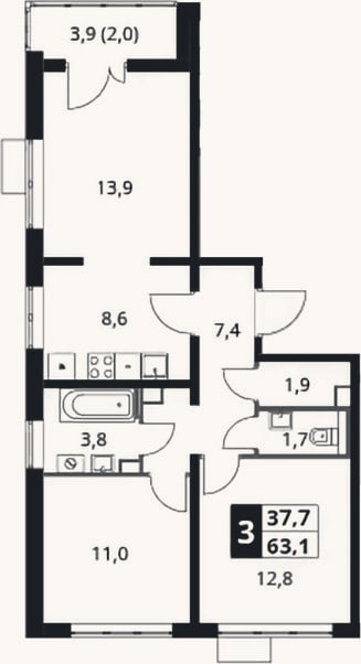 Планировка: 3-к, 61,1 м²