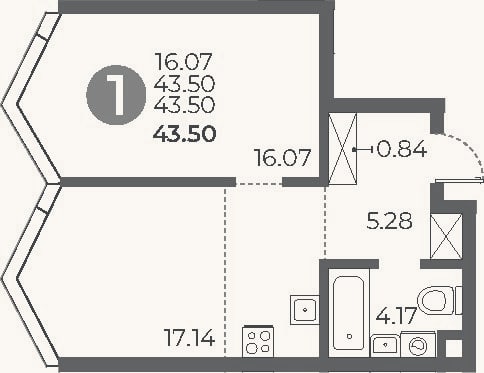 Планировка: 1-к, 43,5 м²