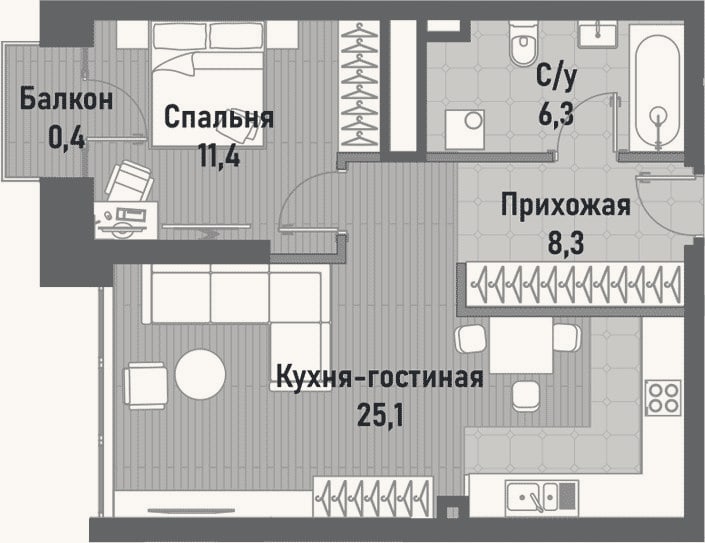 Планировка: 2-к, 51 м²