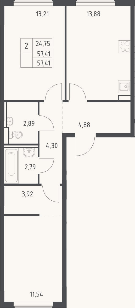 Планировка: 2-к, 57,4 м²