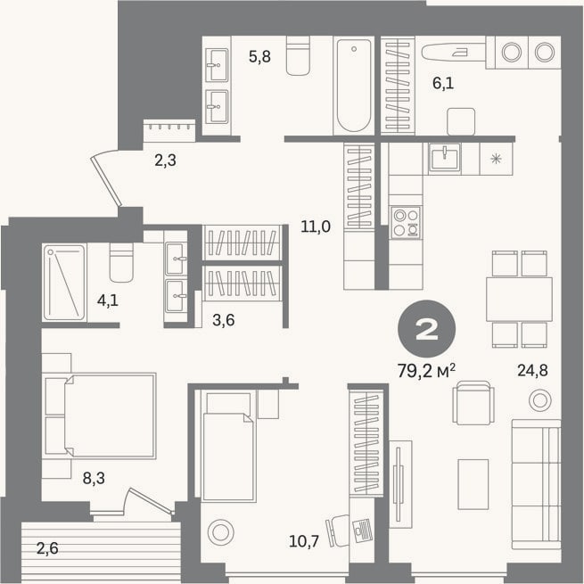 Планировка: 2-к, 76,6 м²