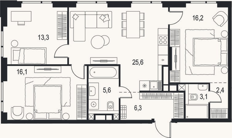 Планировка: 4+ к, 88,6 м²