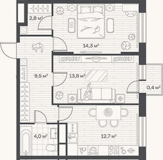 Планировка: 2-к, 57,1 м²