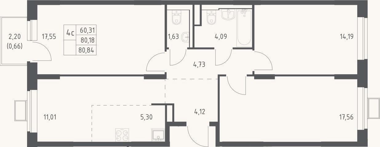Планировка: 4+ к, 80,2 м²