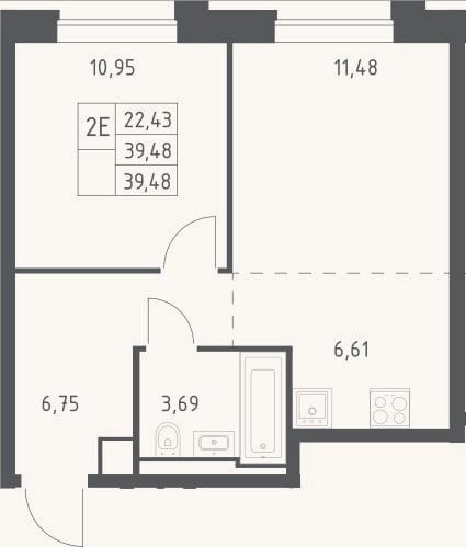 Планировка: 2-к, 39,5 м²