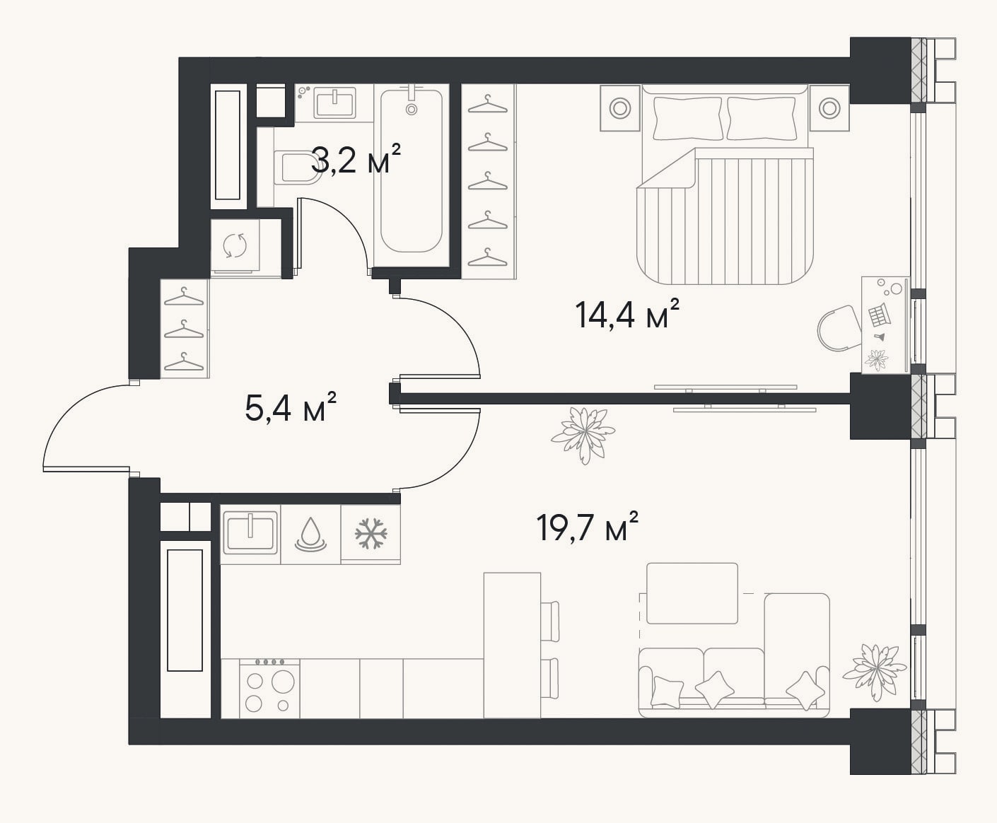 Планировка: 1-к, 42,7 м²