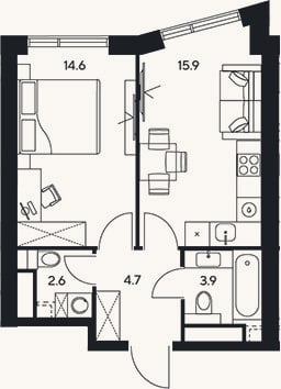 Планировка: 1-к, 41,7 м²
