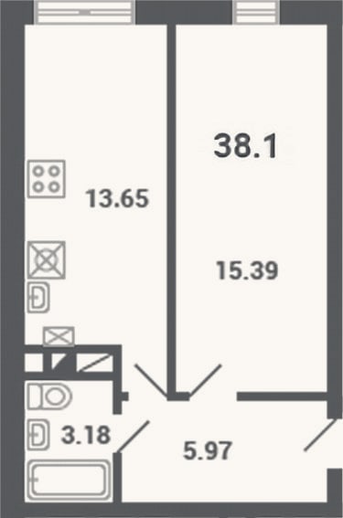 Планировка: 1-к, 38,1 м²