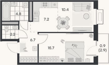 Планировка: 2-к, 47 м²