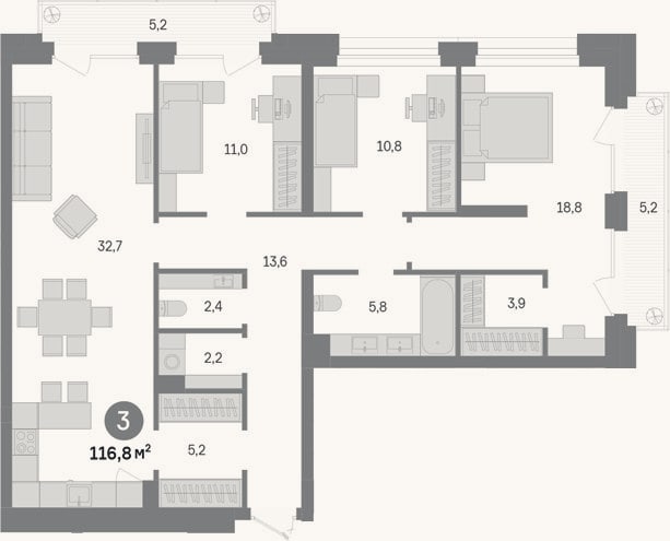 Планировка: 3-к, 106,4 м²