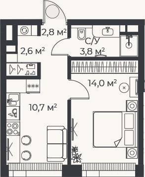 Планировка: 1-к, 33,9 м²