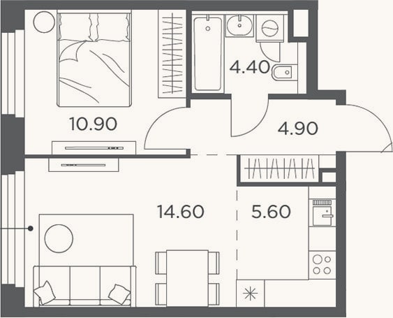 Планировка: 2-к, 40,4 м²