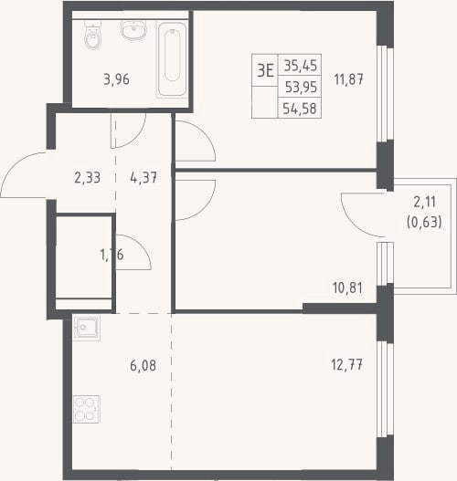 Планировка: 3-к, 54 м²