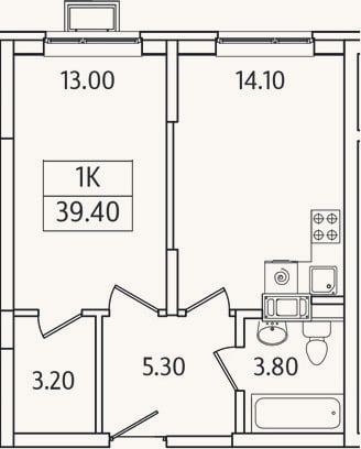 Планировка: 1-к, 39,4 м²