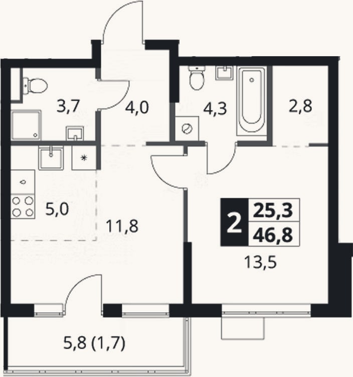 Планировка: 2-к, 45,1 м²
