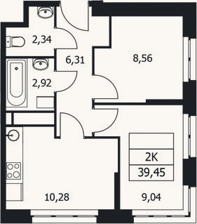 Планировка: 2-к, 39,5 м²