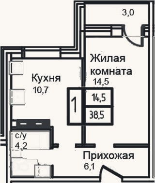 Планировка: 1-к, 35,5 м²