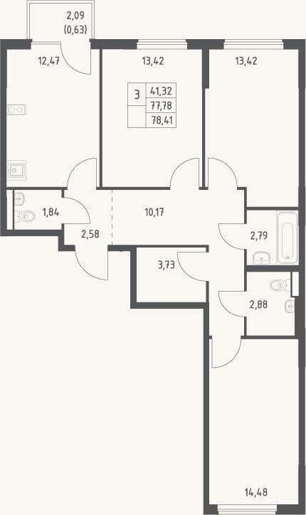 Планировка: 3-к, 77,8 м²