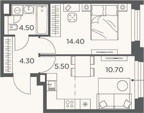 Планировка: 2-к, 39,4 м²